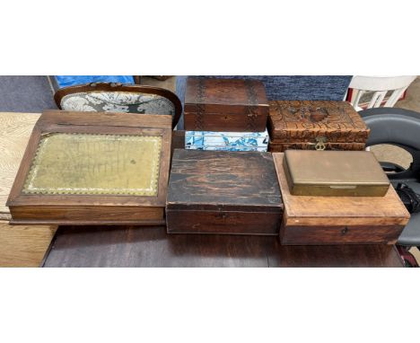 A Chinese carved jewellery box together with assorted boxes and laptop desks