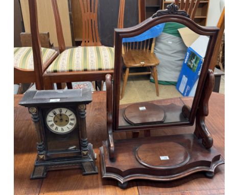 A Victorian mahogany toilet mirror together with a brass mounted mantle clock