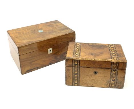 A Victorian walnut and parquetry inlaid tea caddy, with twin compartmented interior, L20.5cm, together with a Victorian walnu