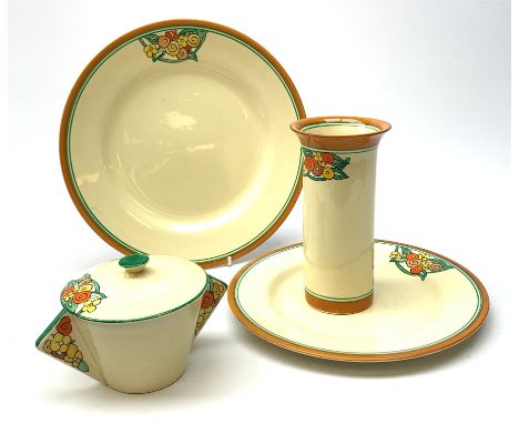 Clarice Cliff Bizarre by Wilkinson/Newport Pottery 'Stamford' two-handled bowl, dinner plate, dessert plate and cylindrical v