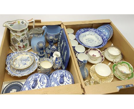 A selection of blue and white, to include two soup tureens decorated in willow pattern with recumbent lion finial, two omas R