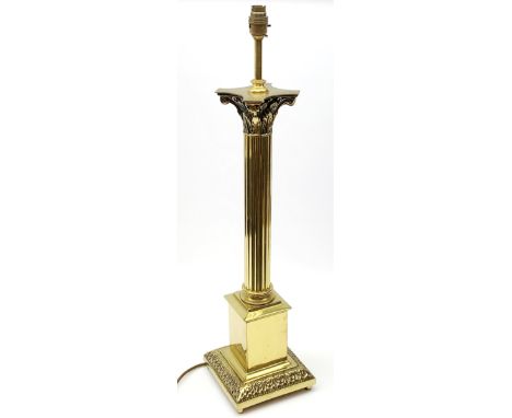 A brass Corinthian column table lamp, with shade, lamp including fittings H73cm.  - Condition Report 
