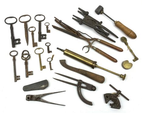A 19th century three bladed horn handled fleam, two blades marked Bam Cast Steel, together with a selection of 19th century a