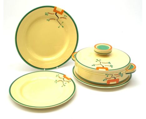 A Clarice Cliff Bizarre by Wilkinson/Newport Pottery vegetable tureen and cover, dinner plate and two dessert plates in the R