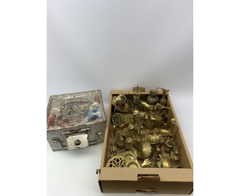 A group of assorted brassware, to include various figures, vases, etc., together with two small ammunition chests.  - Conditi