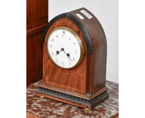 An Edwardian Mahogany Inlaid Striking Mantle Clock, twin barrel movement, striking on a gong, 29cm high Front of the case wit