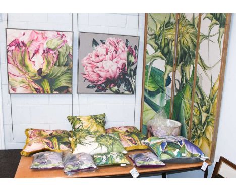 A Voyage Maison Three Fold Screen, covered in "Easton Fern" pattern linen, a pair of box canvases in "Heligan Fuscia" and ano
