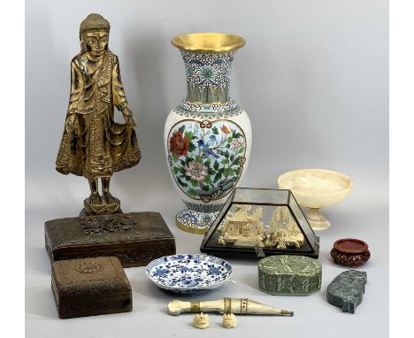 EASTERN ASSORTMENT - to include Cloisonne vase, floral decorated, 39cms tall, wooden figure of a similar height, carved woode