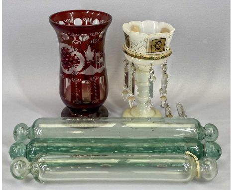 ANTIQUE GLASS ROLLING PINS (3), glass lustre vase and an etched ruby glass vase, 25cms H