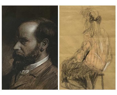 UNSIGNED 19TH CENTURY charcoal portrait - a bearded gentleman, 50 x 42cms, and BURBRIDGE? pastel drawing - a seated girl, sig