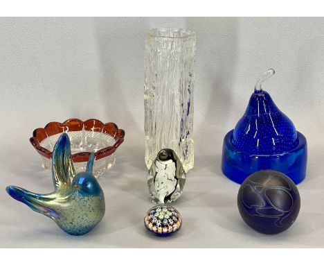 GLASSWARE - Whitefriars bark type vase, 17cms tall, other glassware to include iridescent and Millefiori type paperweights an