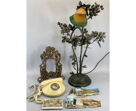 METAL BASED FANCY TABLE LAMP, 76cms tall and a Rococo style portrait frame, a retro cream coloured circular telephone and a q