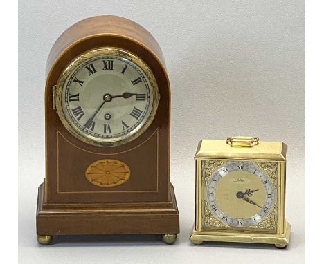 EDWARDIAN MAHOGANY DOME TOP MANTEL CLOCK - with shell inlay and silvered dial by Newbridge Works, 27cms tall, heavy quality a