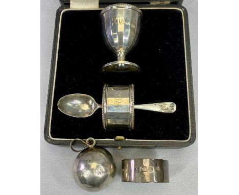 SMALL SILVER - 5 items to include a cased egg cup and matching napkin ring, Birmingham 1928, Maker Northern Goldsmiths Compan