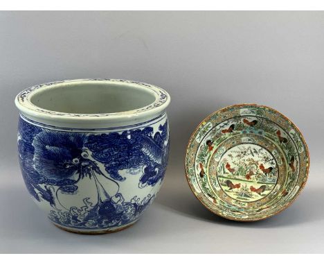 CHINESE BLUE &amp; WHITE SERPENT DECORATED PLANTER (severe damage) - 32cms tall, and a Famille Verte style cockerel decorated