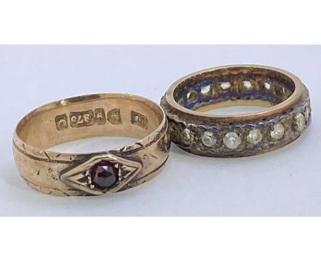 9CT GOLD RING - with ruby stone, size mid P-Q, 2.9grms and a 9ct gold eternity ring with multiple stones (not testing as diam