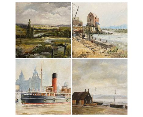 HARVEY CROSSLEY oil on board - a dock scene, signed and dated '76, 48 x 60cms, R J SIMES oil on board - Mersey seascape, sign