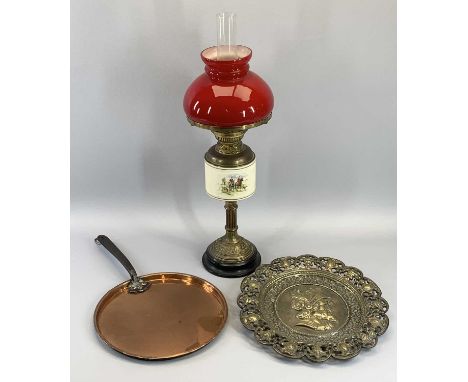 OIL LAMP - brass reeded column with a hunting scene painted reservoir, also a heavy military themed brass charger and an old 