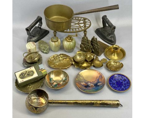BRASSWARE - an interesting Eastern ladle, an iron handled saucepan, bookends, ETC, onyx items and a pair of flat irons