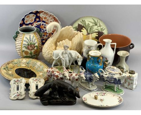 CHINA ASSORTMENT - to include Majolica type plate, cow creamers, a swan planter, ETC