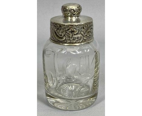 VICTORIAN GLASS TEA CADDY, script engraved to the body TEA, with embossed silver cover, Chester 1900, maker James Deakin &amp