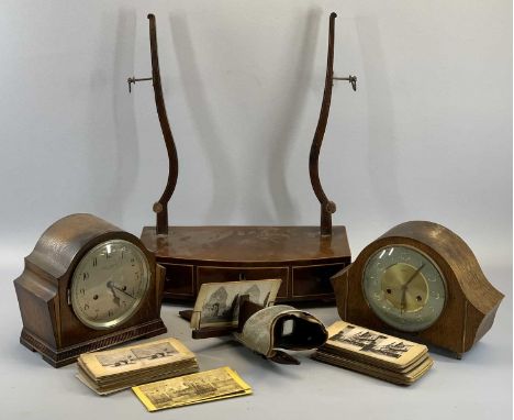 STEREOSCOPE &amp; VIEW CARDS, two mantel clocks and a dressing table mirror base -