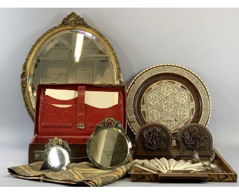 VINTAGE WRITING CASE, two Barbola type mirrors, a bone inlaid tray and a gilt framed mirror, carved bookends and a treen tray