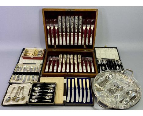 WOODEN CASED MOTHER OF PEARL HANDLED FISH KNIFE &amp; FORK SET, cased teaspoons and dessert cutlery, other loose cutlery and 