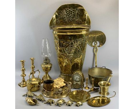 BRASSWARE - a tall coal/log scuttle, 76cms tall, 40cms W, candlesticks, fancy clock, chestnut roaster, oil lamp, ETC