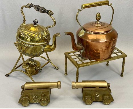 BRASS SPIRIT KETTLE, an antique copper kettle and trivet stand and a pair of contemporary heavy brass cannon ornaments