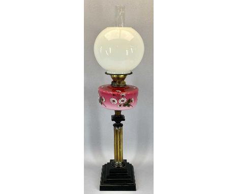 ANTIQUE OIL LAMP - with fine floral decorated reservoir, reeded glass column on a stepped base
