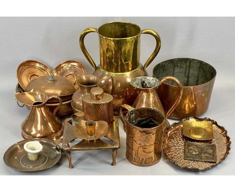 COPPERWARE - interesting embossed Newlyn type copper tankard, 14cms H and an assortment of other old copperware