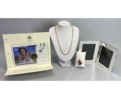 GOLD TONE CURB LINK NECKLACE, gilt metal rose brooch, plated double portrait frame and a Westminster Coin First Day Cover for