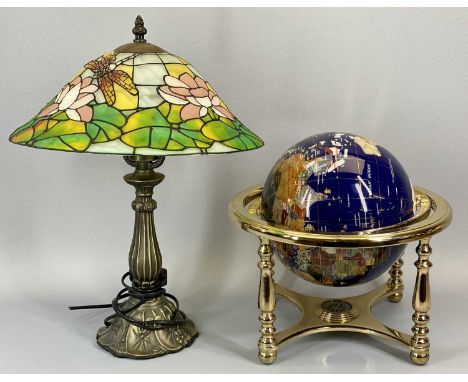 MINERAL ROTATING GLOBE - on a brass effect stand, 29cms tall, and a Tiffany style table lamp, 46cms tall