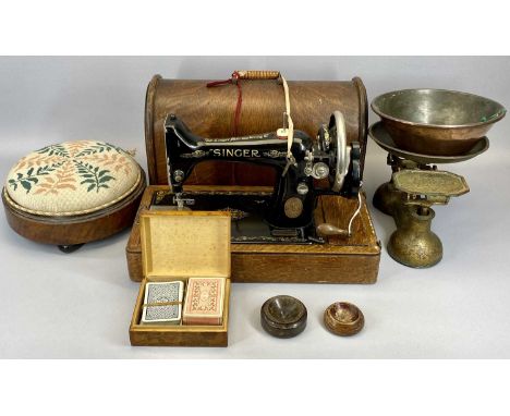 WOODEN CASED SINGER SEWING MACHINE, walnut tapestry seated footstool, treen items and a vintage set of old scales