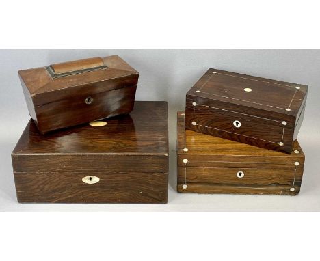 VICTORIAN SARCOPHAGUS SHAPED TEA CADDY, 13 x 22 x 12cms, a rosewood work box, 12 x 29 x 22cms and two other boxes