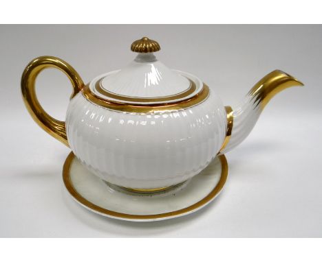 SWANSEA PORCELAIN TEAPOT & STAND having a round, squat body with Paris fluting, tapering handle with ribbed terminal and groo