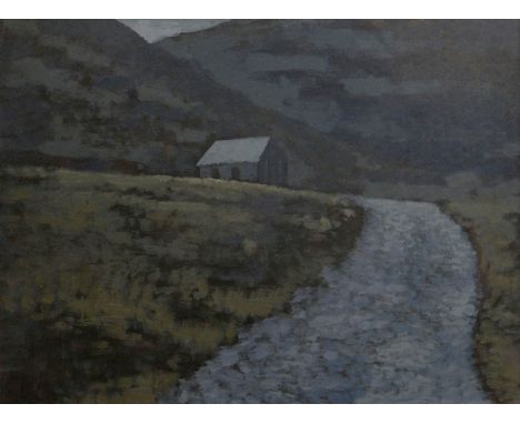 ANEURIN M JONES oil on board - roadway leading to isolated chapel near Cwm Orthin, near Blaenau Ffestiniog, signed and entitl