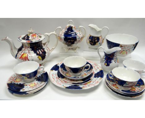 A THIRTY-FIVE PIECE GAUDY WELSH ‘TULIP’ TEA-SET comprising teapot, sugar basin, lidded sucrier, bread-plate, milk jug and cup