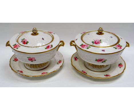 A PAIR OF NANTGARW PORCELAIN SAUCE TUREENS ON STANDS of circular form on pedestal bases and having gilded loop handles. The t