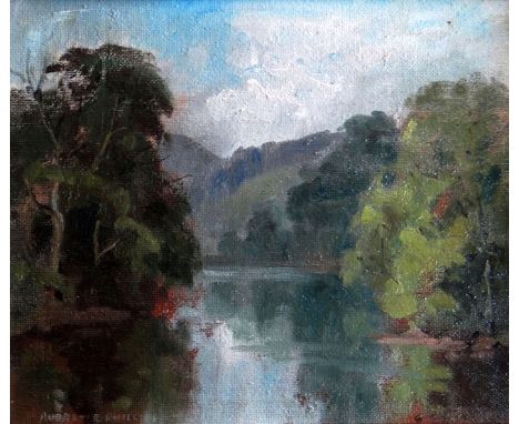 AUBREY R PHILLIPS oil on board - meandering river through wooded banks entitled verso ‘The Usk at Llanfrynach’, dated June 19
