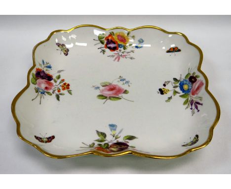 A LARGE SWANSEA PORCELAIN SQUARE DISH of lobed form, decorated with four sprays of flowers and four butterflies to the border