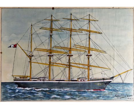 T LAWRENCE EDWARDS watercolour - portrait of the four-master bark ‘Jenny of Amlwch’ which operated 1770-1771, 36 x 50cms. Auc