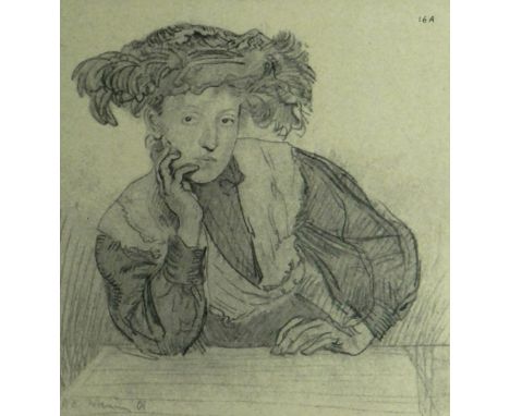 AUGUSTUS JOHN print - reproduction of a pencil study portrait of a girl in feather hat, 15 x 14cms. Auctioneer’s note: prints