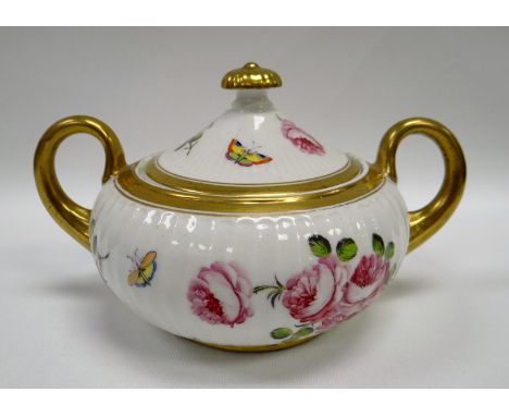 A SWANSEA PORCELAIN SUCRIER & LID of fluted form with gilded elevated loop handles and finial, decorated with roses and butte