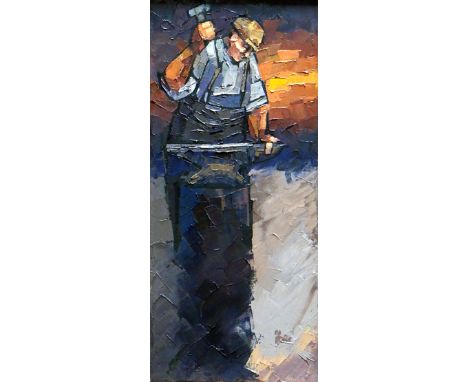 IFOR PRITCHARD oil on canvas - figure with hammer at an anvil, entitled verso ‘Anything You Want, We Make’, signed, 49 x 22cm