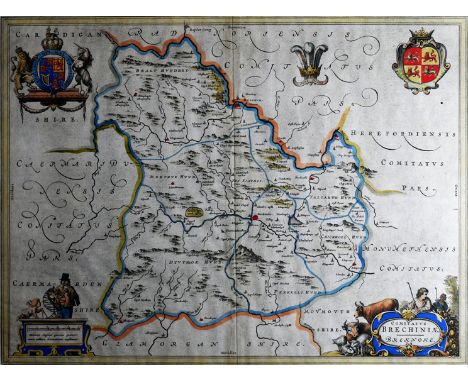 JOHANNES BLAEU antique coloured map - Brecknock entitled ‘Comitatus Brechiniae’, 42 x 55cms; together with a SAXTON & KIPP an