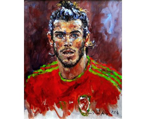 DAVID GRIFFITHS oil on canvas - head and shoulders portrait of Wales’ football star Gareth Bale wearing his International jer