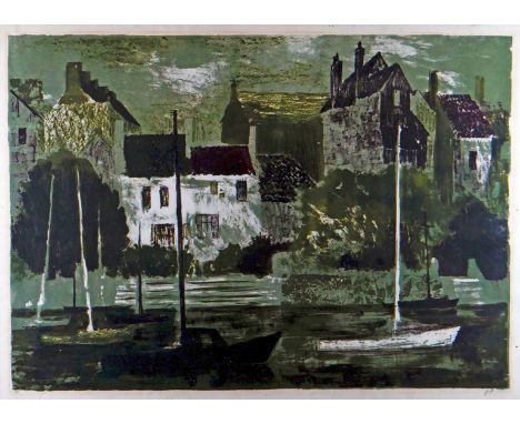 JOHN PIPER limited edition (7/20) lithograph - harbour scene with boats and buildings in the background, signed with initials