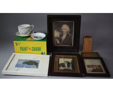 A Box Containing Various Vintage Photographs, Prints, Shaun in the City Figure, Crown Devon Breakfast Cup and Saucer etc 